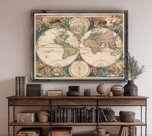 Framed Novissima Totius Terrarum Orbis Tabula Auctore Nicolao Visscher Vintage Map - Ornate Embellishment Frame with Print