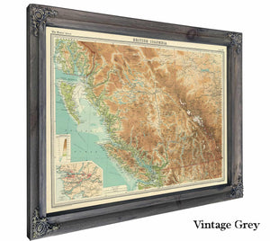 Framed British Columbia Vintage Map - Ornate Embellishment Frame with Print