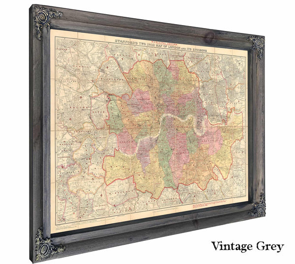 Framed London and Its Environs Vintage Map - Ornate Embellishment Frame with Print