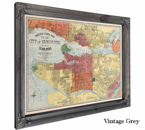 Framed Vancouver and Suburbs Vintage Map - Ornate Embellishment Frame with Print