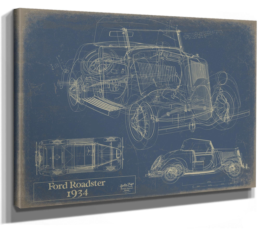 Bella Frye Vintage 1934 Ford Roadster Model Print,  Original Blueprint Canvas, Framed, or Unframed Art