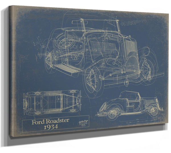 Bella Frye Vintage 1934 Ford Roadster Model Print,  Original Blueprint Canvas, Framed, or Unframed Art