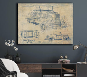 Bella Frye Vintage 1934 Ford Roadster Model Print,  Original Blueprint Canvas, Framed, or Unframed Art
