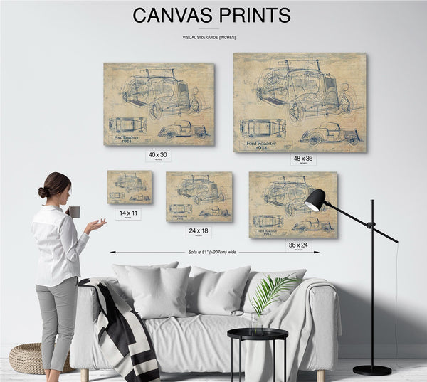 Bella Frye Vintage 1934 Ford Roadster Model Print,  Original Blueprint Canvas, Framed, or Unframed Art