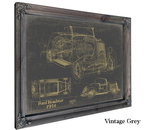 Vintage 1934 Ford Roadster Model Print, Original Blueprint Canvas, Framed, or Unframed Art