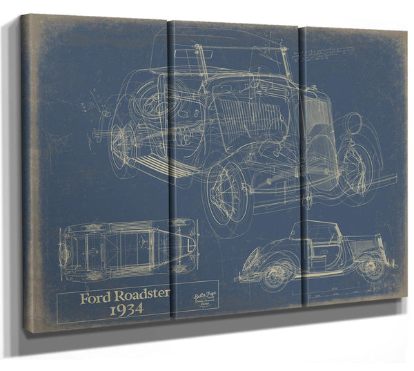 Bella Frye Vintage 1934 Ford Roadster Model Print,  Original Blueprint Canvas, Framed, or Unframed Art