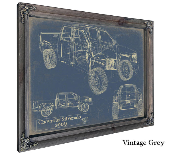 Bella Frye Vintage 2009 Chevrolet Silverado Truck Model Mancave Blueprint Art