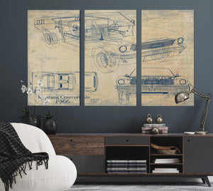 Bella Frye Vintage 1966 Mustang Convertible Car Model Print,  Original Blueprint Canvas