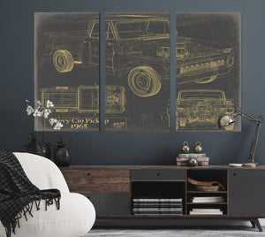 Bella Frye Vintage 1965 Chevrolet C10 Pickup Car Model Print,  Original Blueprint Canvas