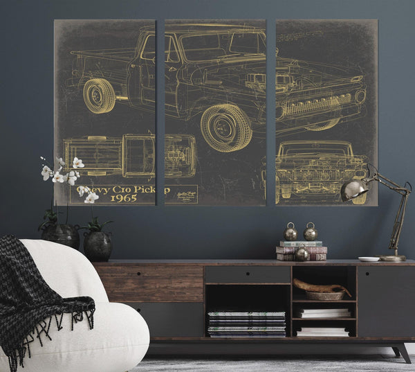 Bella Frye Vintage 1965 Chevrolet C10 Pickup Car Model Print,  Original Blueprint Canvas