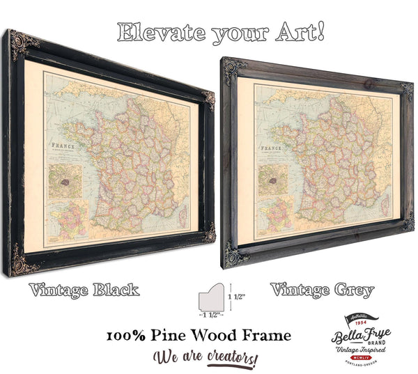Bella Frye Home & Garden > Decor > Artwork Framed France Vintage Map - Ornate Embellishment Frame with Print