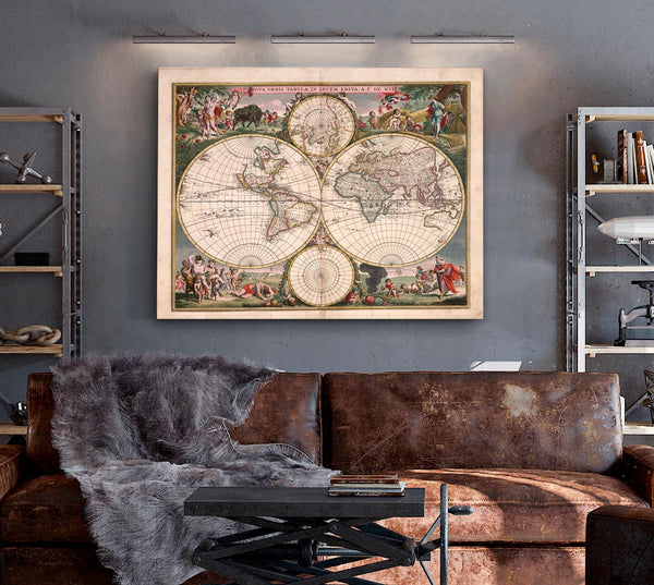Bella Frye Home & Garden > Decor > Artwork Framed World map (Nova orbis tabula in lucem edita A. F. de Wit) Vintage Map - Ornate Embellishment Frame with Print