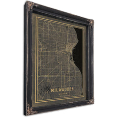 Framed Milwaukee Vintage Map - Ornate Embellishment Frame with Print — Ebony Framed Canvas Print | Bella Frye