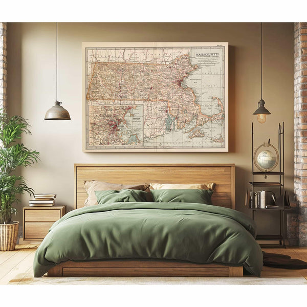 Bella Frye Home & Garden > Decor > Artwork Framed Massachusetts Vintage Map - Ornate Embellishment Frame with Print