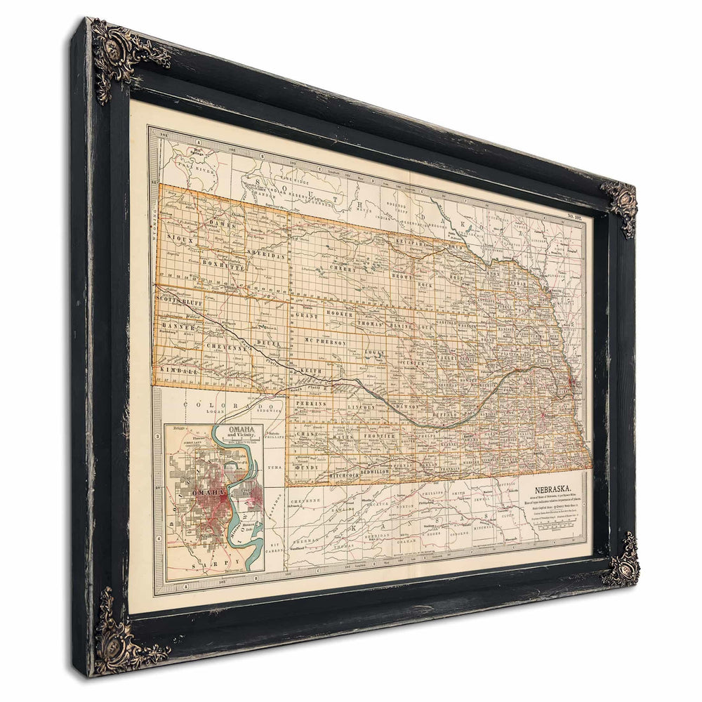 Bella Frye Home & Garden > Decor > Artwork Framed Nebraska Vintage Map - Ornate Embellishment Frame with Print