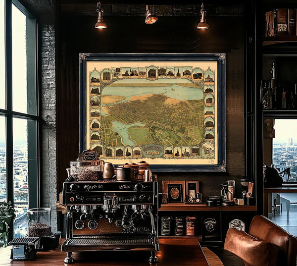 Bella Frye Home & Garden > Decor > Artwork Oakland California Vintage Map Wall Art - Bird's Eye View City Canvas Art