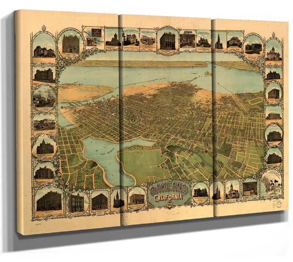 Bella Frye Home & Garden > Decor > Artwork Oakland California Vintage Map Wall Art - Bird's Eye View City Canvas Art