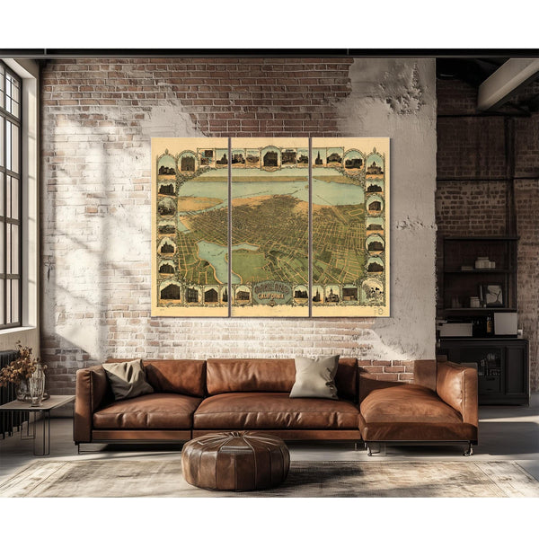 Bella Frye Home & Garden > Decor > Artwork Oakland California Vintage Map Wall Art - Bird's Eye View City Canvas Art