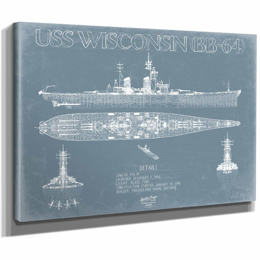 Bella Frye Home & Garden > Decor > Artwork USS Wisconsin (BB-64) Blueprint Wall Art - Original Battleship Print