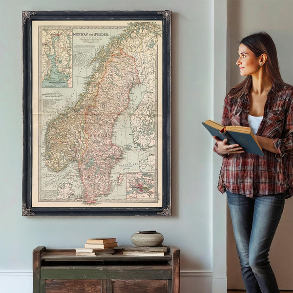 Bella Frye Home & Garden > Decor > Artwork Framed Norway Sweden Vintage Map - Ornate Embellishment Frame with Print