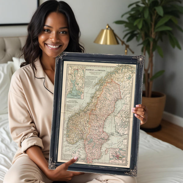 Bella Frye Home & Garden > Decor > Artwork Framed Norway Sweden Vintage Map - Ornate Embellishment Frame with Print