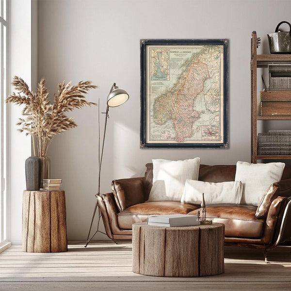 Bella Frye Home & Garden > Decor > Artwork Framed Norway Sweden Vintage Map - Ornate Embellishment Frame with Print