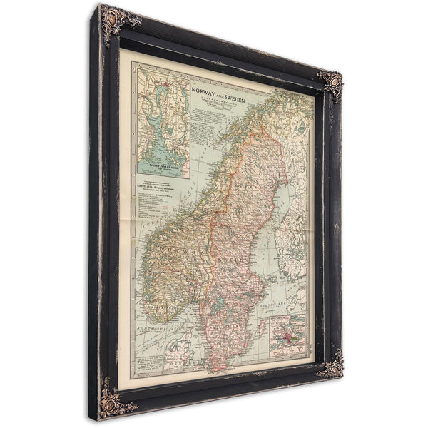 Bella Frye Home & Garden > Decor > Artwork Framed Norway Sweden Vintage Map - Ornate Embellishment Frame with Print