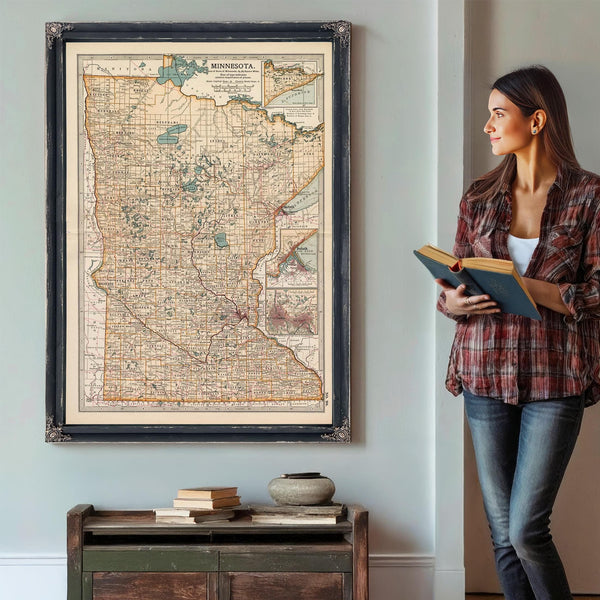 Bella Frye Home & Garden > Decor > Artwork Framed Minnesota Vintage Map - Ornate Embellishment Frame with Print