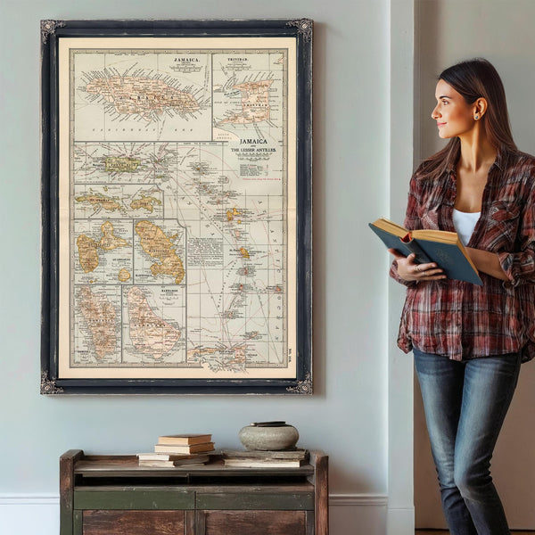 Bella Frye Home & Garden > Decor > Artwork Framed Jamaica Vintage Map - Ornate Embellishment Frame with Print