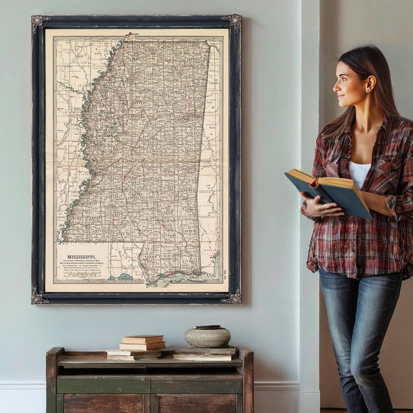 Bella Frye Home & Garden > Decor > Artwork Framed Mississippi Vintage Map - Ornate Embellishment Frame with Print