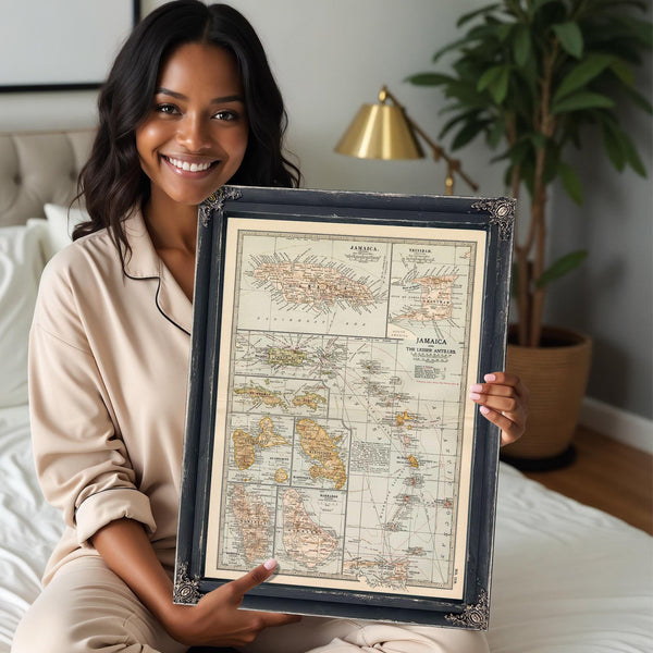 Bella Frye Home & Garden > Decor > Artwork Framed Jamaica Vintage Map - Ornate Embellishment Frame with Print