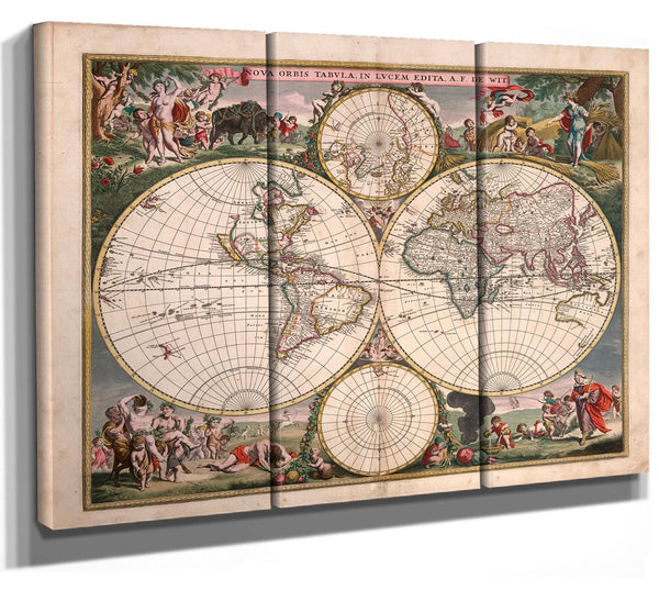 Bella Frye Home & Garden > Decor > Artwork Framed World map (Nova orbis tabula in lucem edita A. F. de Wit) Vintage Map - Ornate Embellishment Frame with Print