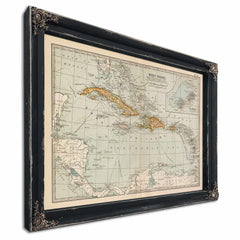 Framed West Indies Vintage Map - Ornate Embellishment Frame with Print — Ebony Framed Canvas Print | Bella Frye