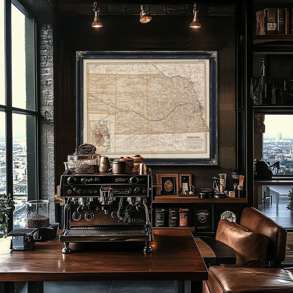 Framed Nebraska Vintage Map - Ornate Embellishment Frame with Print