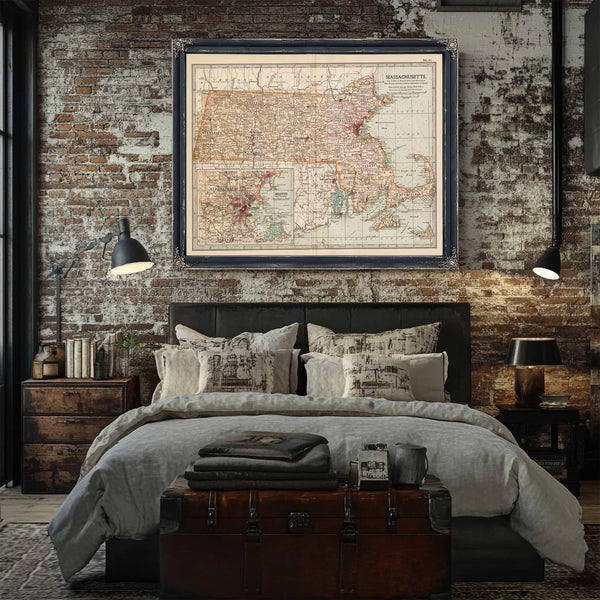 Bella Frye Home & Garden > Decor > Artwork Framed Massachusetts Vintage Map - Ornate Embellishment Frame with Print