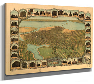 Bella Frye Home & Garden > Decor > Artwork Oakland California Vintage Map Wall Art - Bird's Eye View City Canvas Art