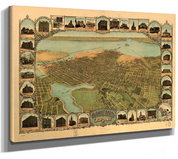 Bella Frye Home & Garden > Decor > Artwork Oakland California Vintage Map Wall Art - Bird's Eye View City Canvas Art