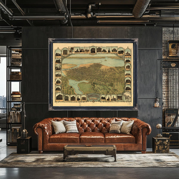 Bella Frye Home & Garden > Decor > Artwork Oakland California Vintage Map Wall Art - Bird's Eye View City Canvas Art