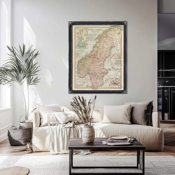 Bella Frye Home & Garden > Decor > Artwork Framed Norway Sweden Vintage Map - Ornate Embellishment Frame with Print