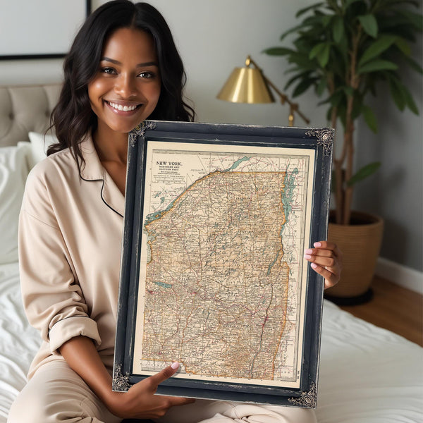 Bella Frye Home & Garden > Decor > Artwork Framed New York, Northern, And Eastern Part Vintage Map - Ornate Embellishment Frame with Print