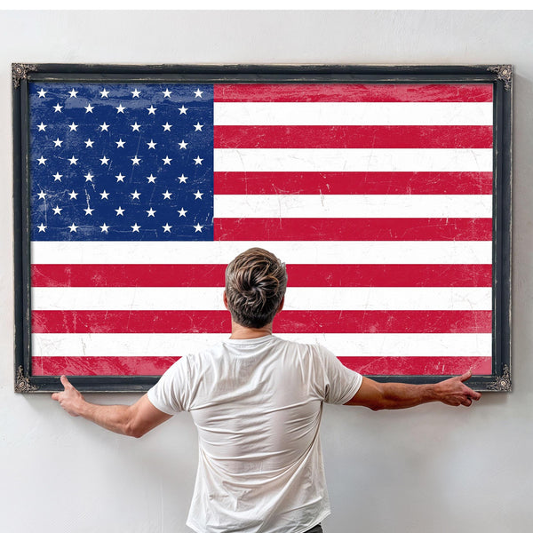 Bella Frye USA Flag – Weathered Vintage Style American Flag Wall Art – Ornate Frame or Canvas Print