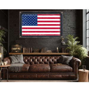 Bella Frye USA Flag – Weathered Vintage Style American Flag Wall Art – Ornate Frame or Canvas Print