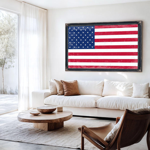 Bella Frye USA Flag – Weathered Vintage Style American Flag Wall Art – Ornate Frame or Canvas Print