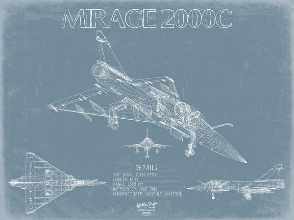 Bella Frye Home & Garden > Decor > Artwork Dassault Mirage 2000C Aircraft Blueprint Wall Art - Original Fighter Plane Print