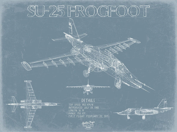 Bella Frye Home & Garden > Decor > Artwork Sukhoi Su-25 Frogfoot Aircraft Blueprint Wall Art - Original Fighter Plane Print