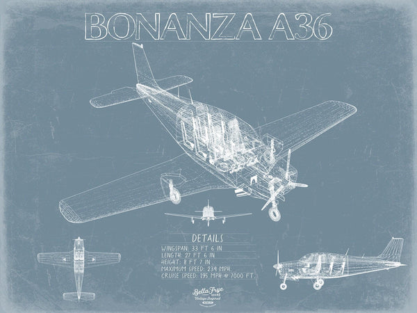 Bella Frye Home & Garden > Decor > Artwork Beechcraft Bonanza A36 Aircraft Blueprint Wall Art - Original Fighter Plane Print