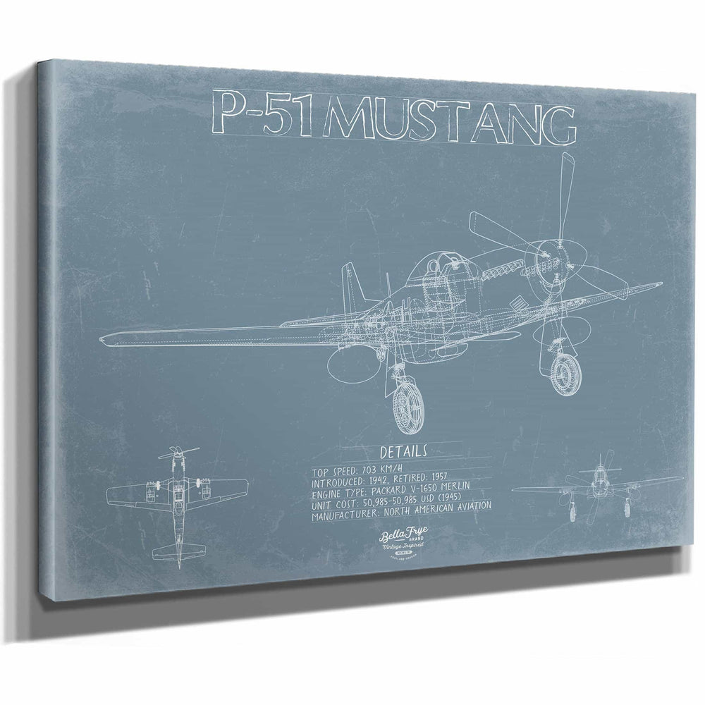 Bella Frye Home & Garden > Decor > Artwork North American P-51 Mustang Aircraft Blueprint Wall Art - Original Fighter Plane Print