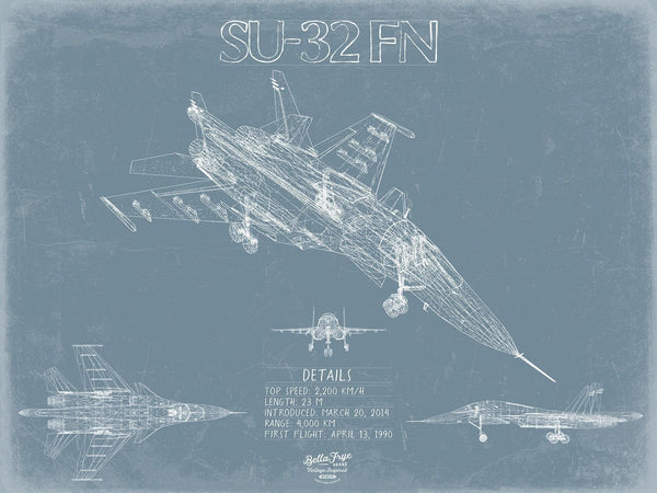 Bella Frye Home & Garden > Decor > Artwork Sukhoi Su-34 / Su-32FN Aircraft Blueprint Wall Art - Original Fighter Plane Print