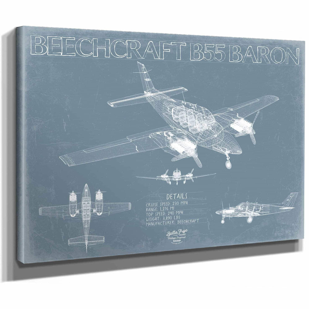 Bella Frye Home & Garden > Decor > Artwork Beechcraft B55 Baron V03 Aircraft Blueprint Wall Art - Original Military Plane Print