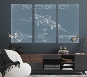Bella Frye Home & Garden > Decor > Artwork Saab 35 Draken Aircraft Blueprint Wall Art - Original Fighter Plane Print